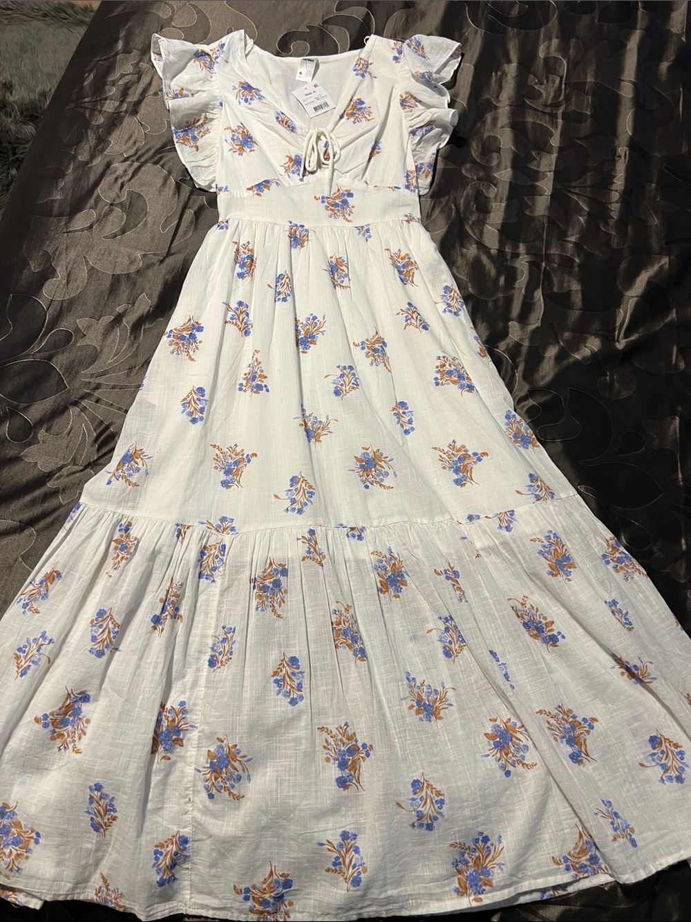 NWT Anko (AUS) White Cotton Tiered Maxi Dress with Blue Floral Print AUS 6/US 2